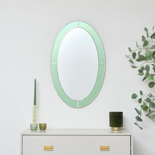 Green Glass Oval Wall Mirror - 79cm x 50cm