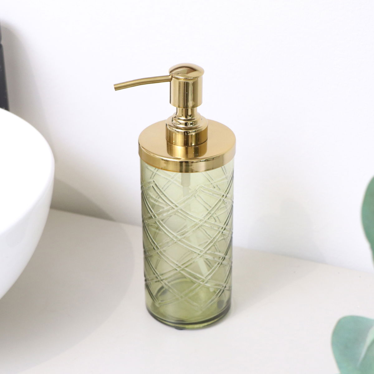 Green Patterned Soap Dispenser with Gold Rim