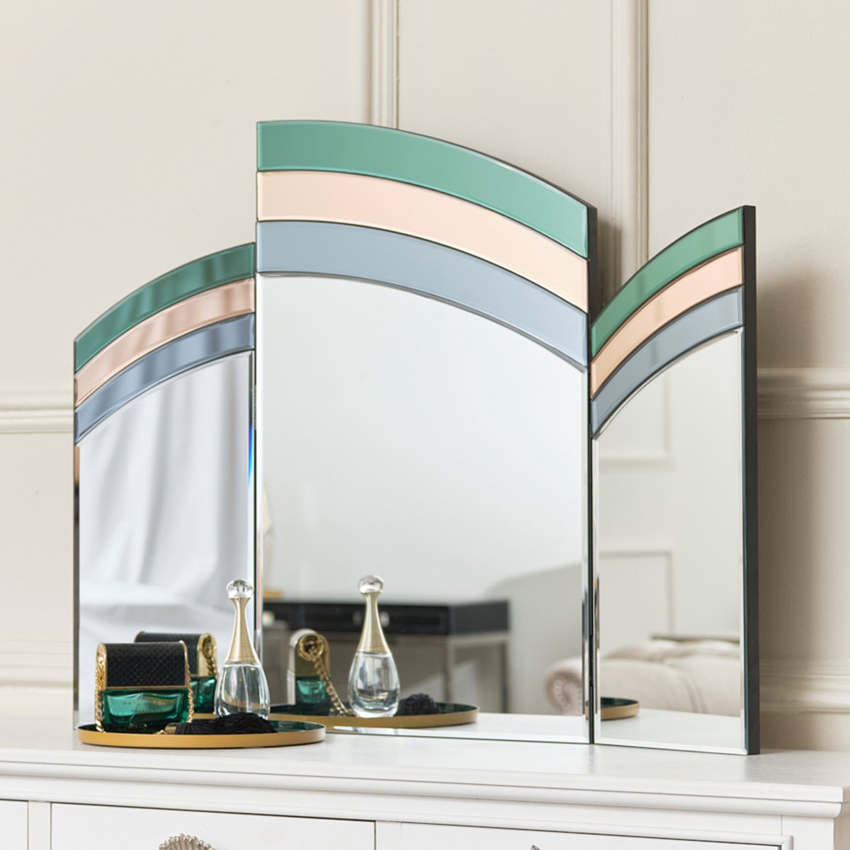 Green, Pink & Blue Glass Art Deco Triple Mirror 74cm x 60cm 