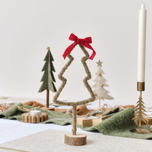 Green Standing Christmas Tree Decoration with Red Bow - 27cm