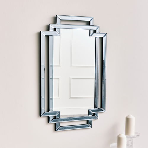 Grey Glass Art Deco Rectangle Wall Mirror - 80cm x 50cm 