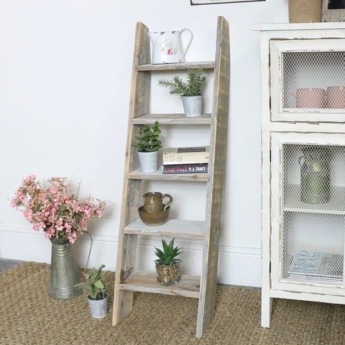 Grey Rustic Wooden Ladder Shelf Unit 