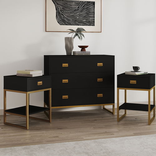 Large 3 Drawer Chest of Drawers and Pair of Bedside Tables - Elle Black Range