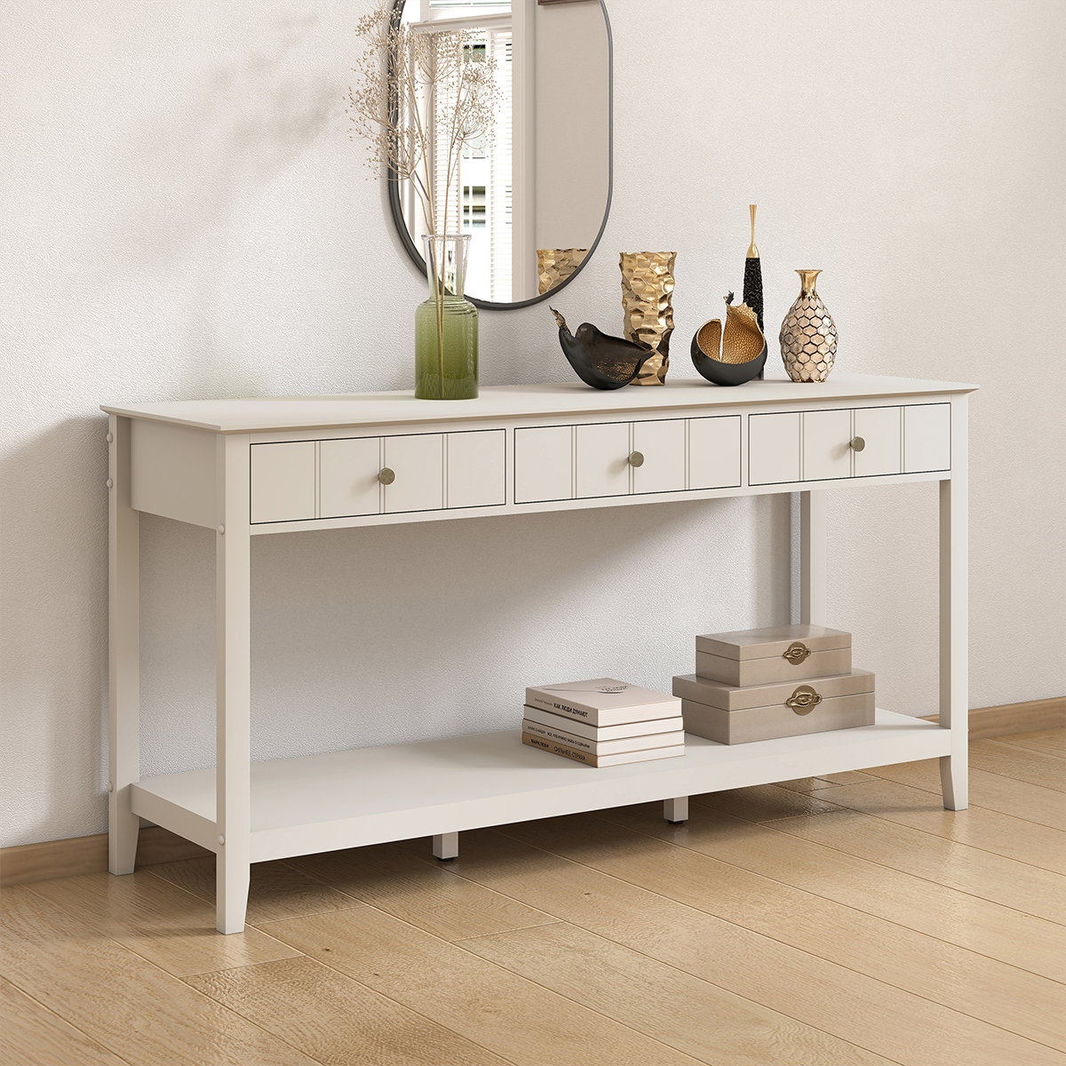Large 3 Drawer Console Table with Shelf - Padstowe Ivory Range