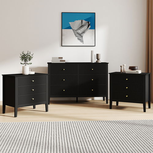 Large 6 Drawer Chest Of Drawers and Pair Of Bedside Tables - Hales Black Range