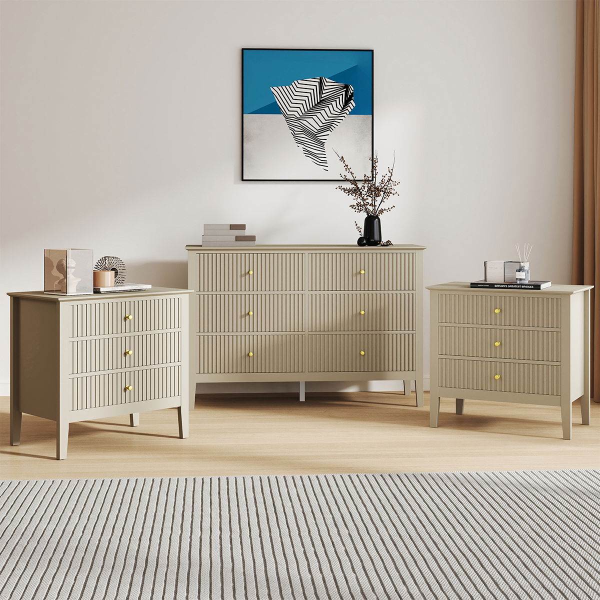 Large 6 Drawer Chest Of Drawers and Pair Of Bedside Tables - Hales Taupe Range