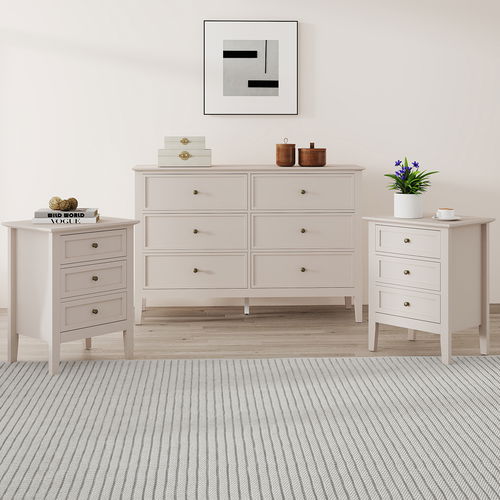 Large 6 Drawer Chest of Drawers and Pair of one Drawer Bedside Tables - Rowley Pale Cream Range