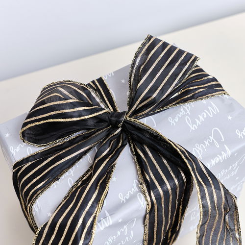 Large Black & Gold Striped Ribbon Christmas Garland - 270cm