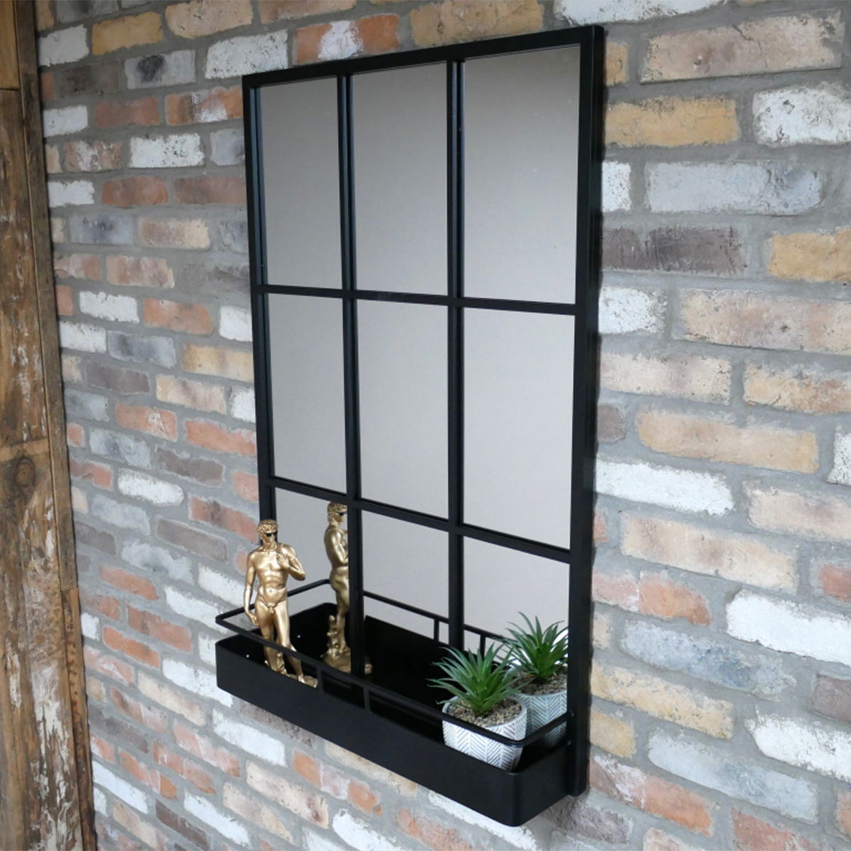 Large Black Window Wall Mirror With Shelf