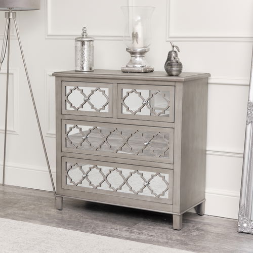 Large Silver Mirrored Lattice Chest of Drawers - Sabrina Silver Range