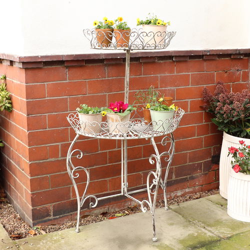 Large Distressed Vintage White Two Tier Plant Stand 100cm