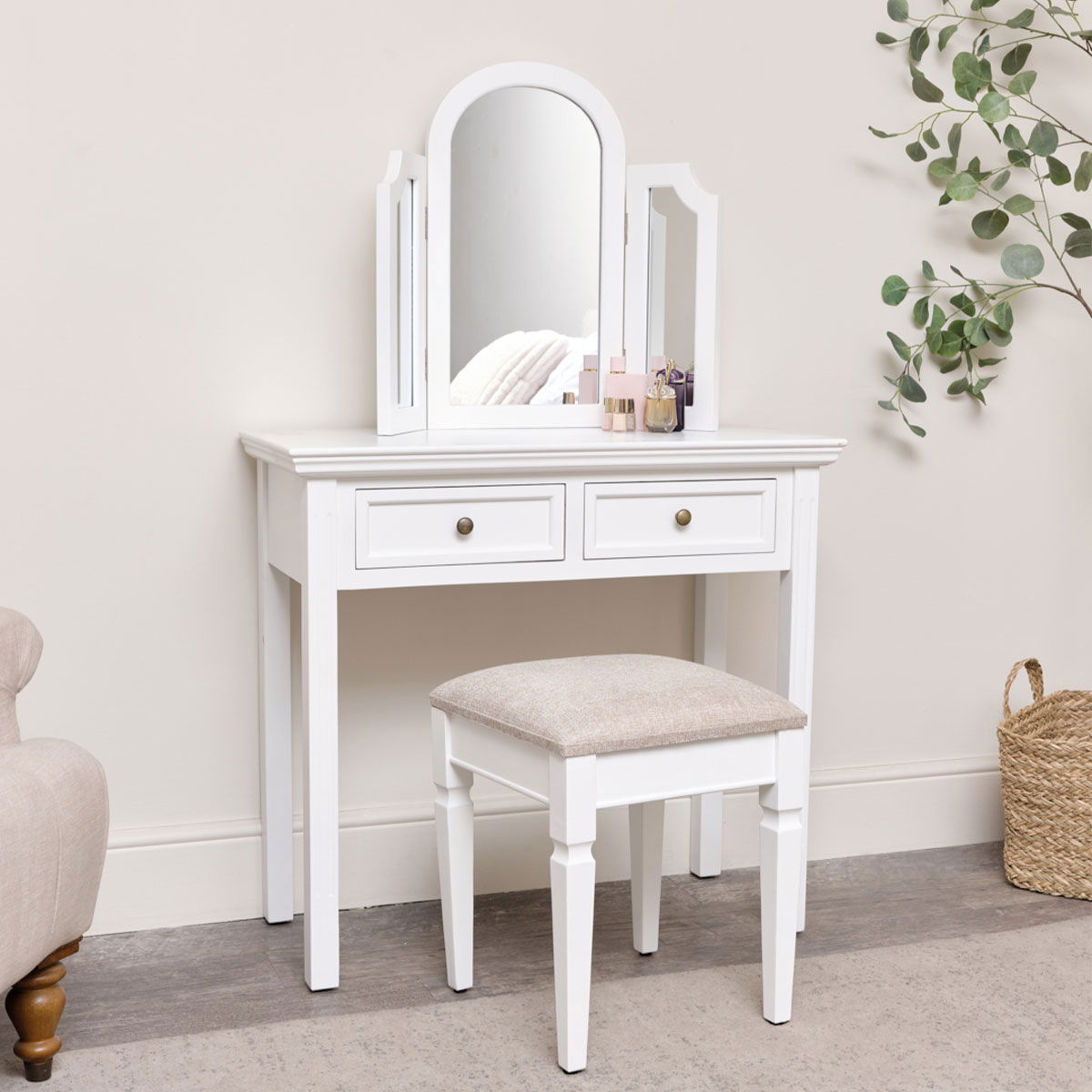 Large Dressing Table, Mirror & Stool Set - Daventry White Range