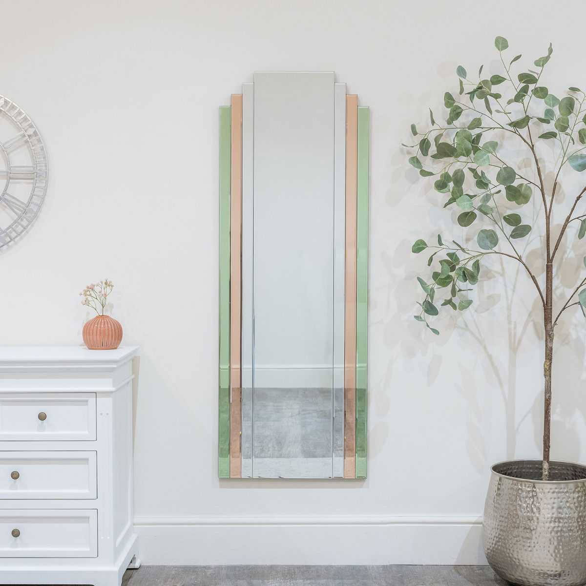 Large Frameless Pink & Green Glass Art Deco Wall Mirror 52cm x 142cm