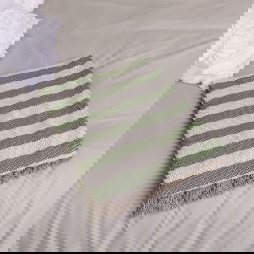 Large Green & Cream Striped Tassel Throw - 152cm x 140cm
