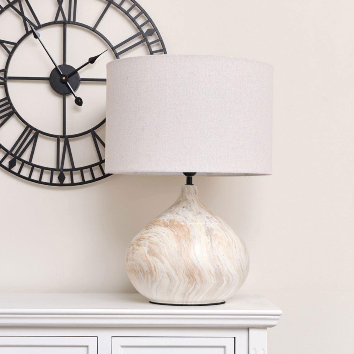 Large Marble Look Table Lamp with Linen Shade 