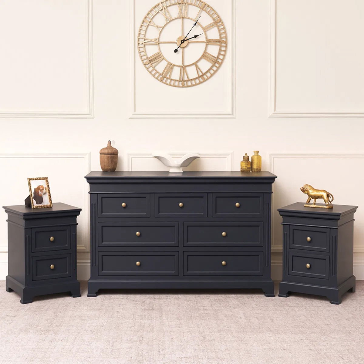 Large 7 Drawer Chest of Drawers & Pair of Bedside Tables - Daventry Navy Black Range