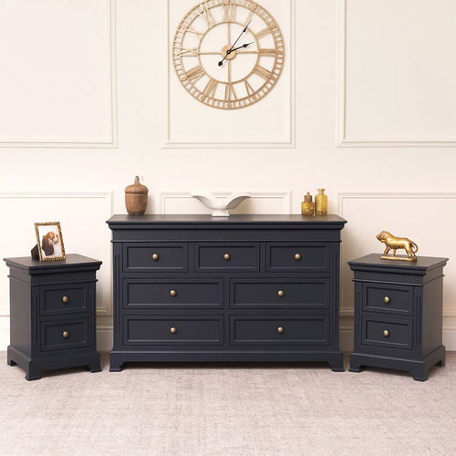 Large 7 Drawer Chest of Drawers & Pair of Bedside Tables - Daventry Navy Black Range