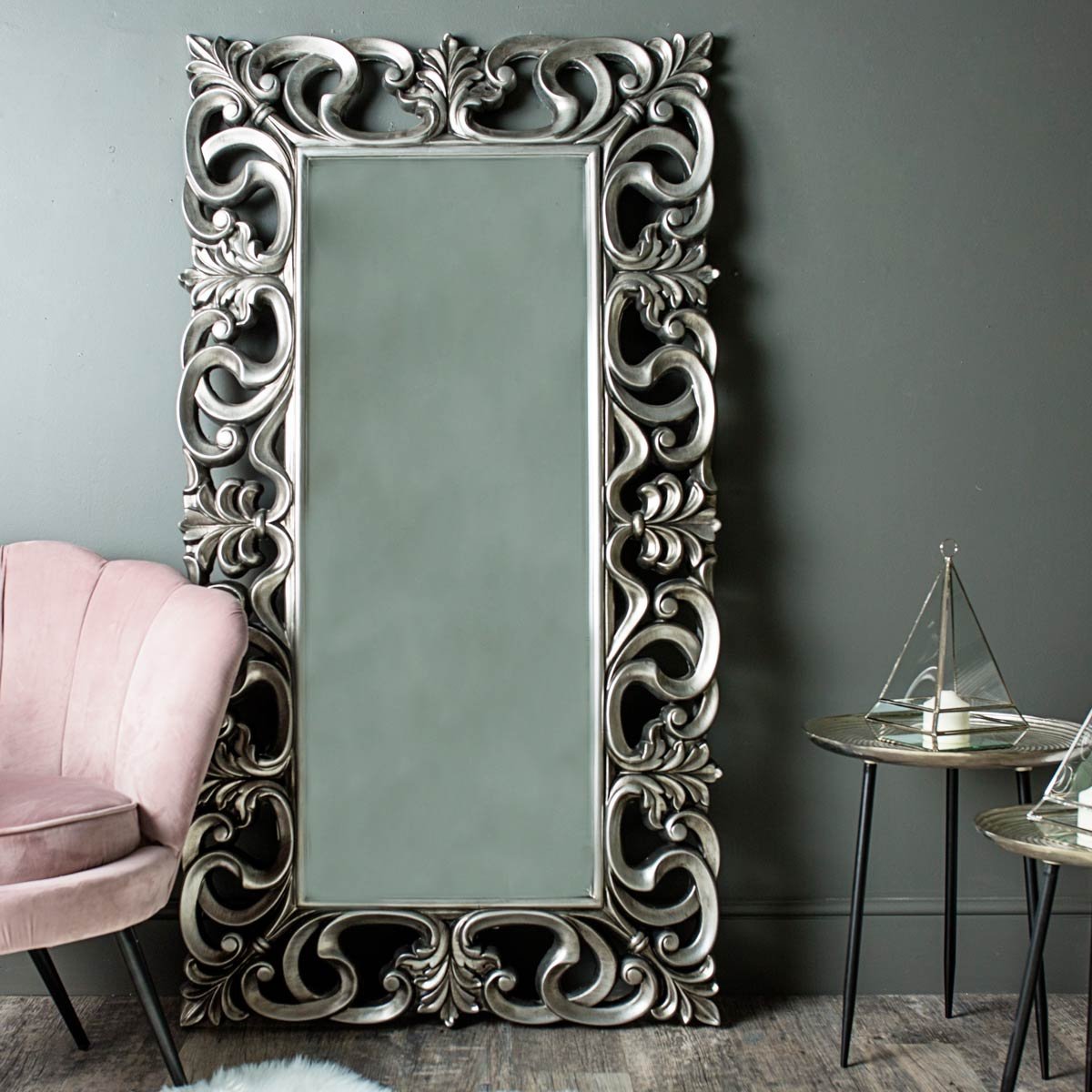 Large Baroque-style Silver Wall / Floor Mirror 90cm x 168cm