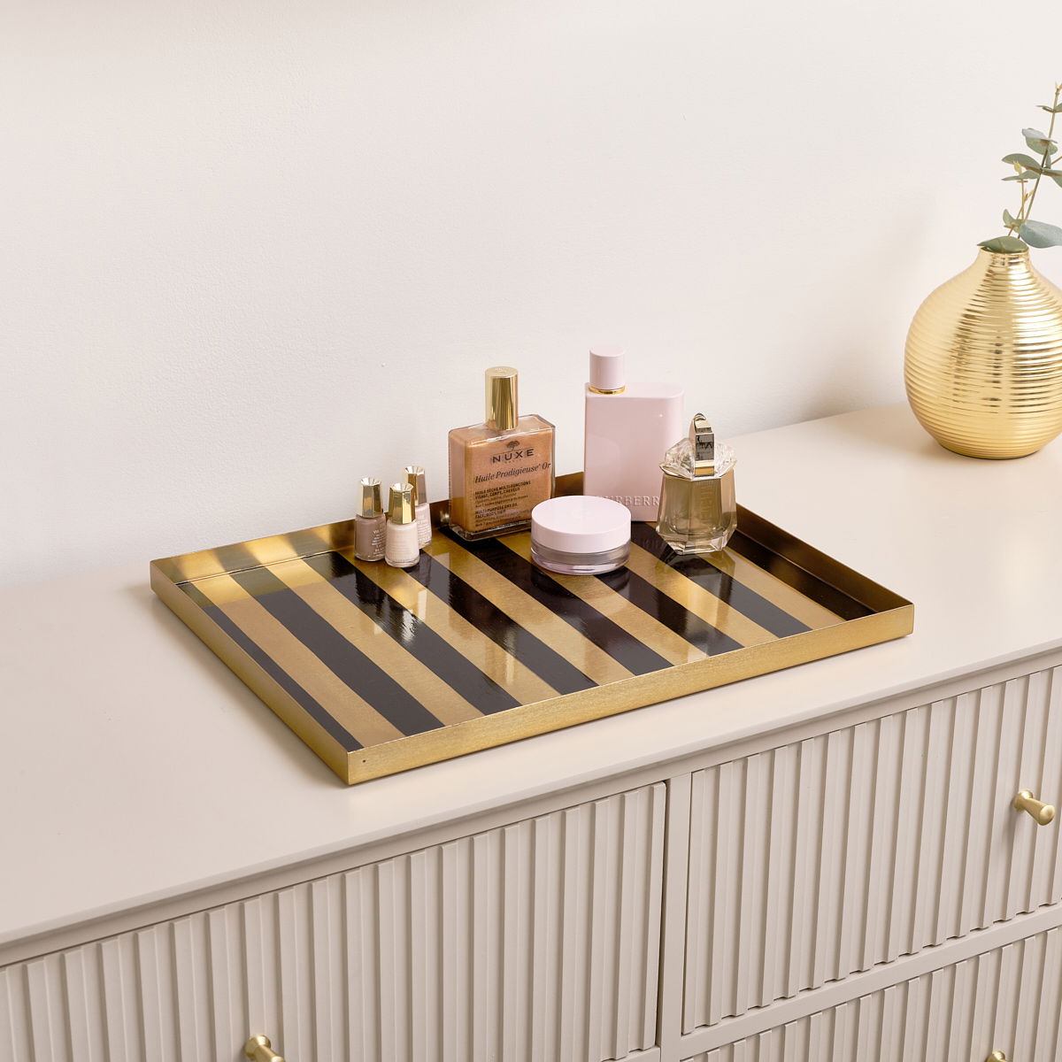 Large Rectangle Black & Gold Striped Metal Tray