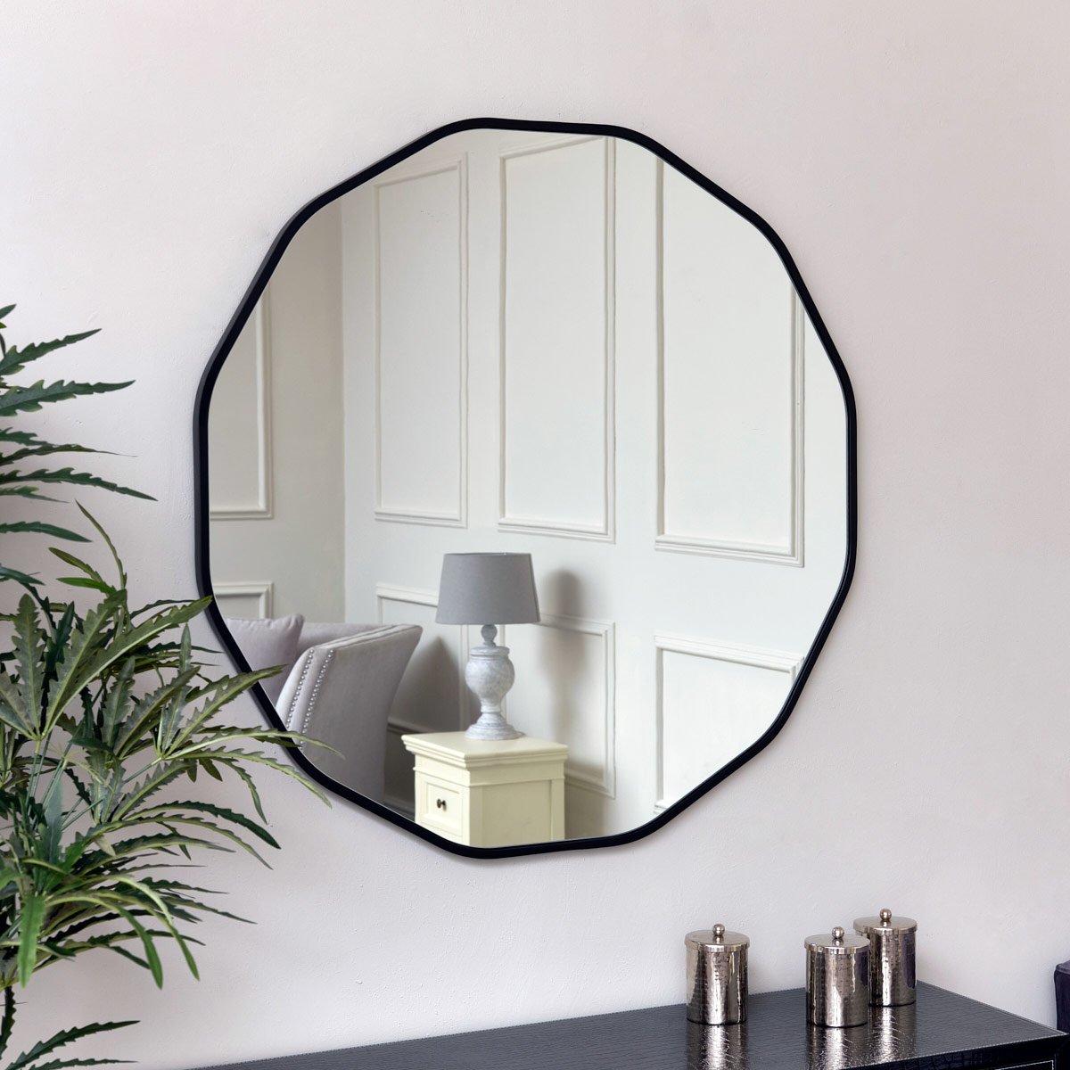 Large Round Black Scalloped Wall Mirror 90cm x 90cm 