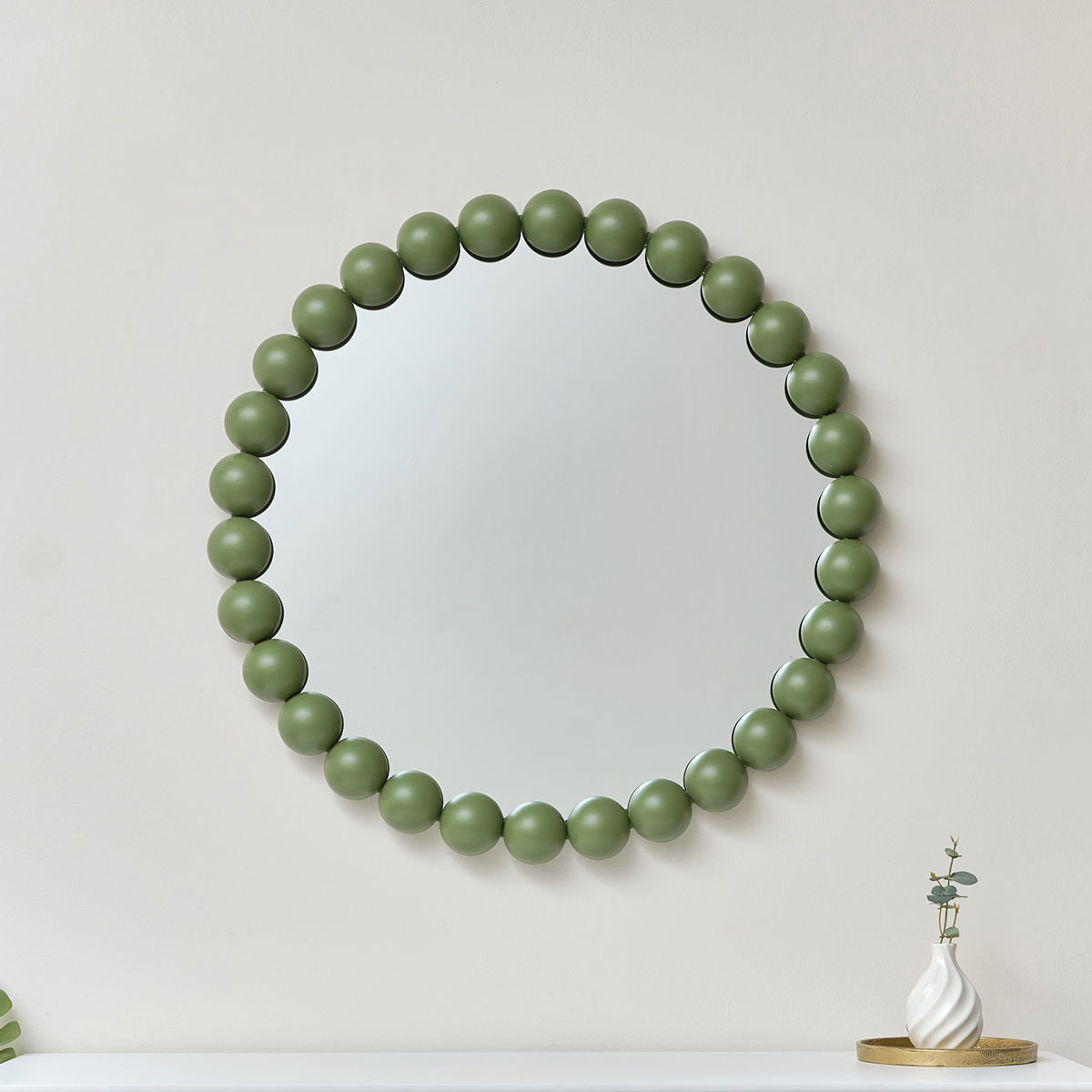 Large Round Olive Green Bobble Bobbin Wall Mirror 80cm x 80cm