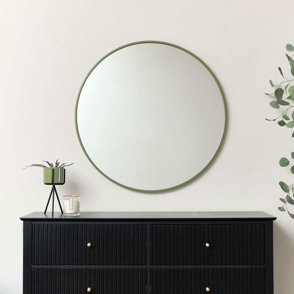 Large Round Olive Green Thin Framed Wall Mirror 80cm x 80cm
