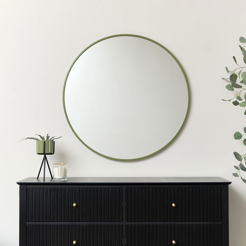 Large Round Olive Green Thin Framed Wall Mirror 80cm x 80cm