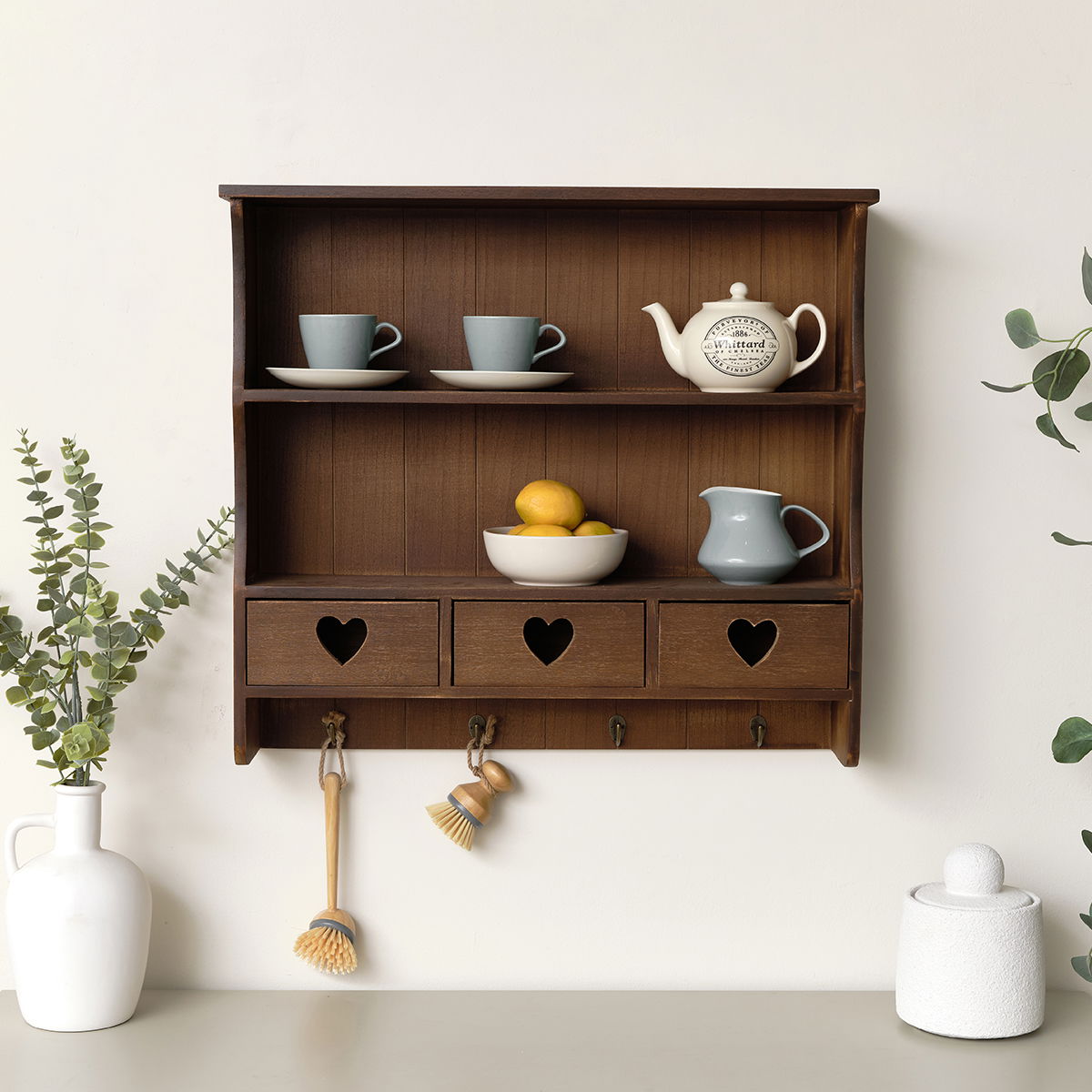 Large Rustic Dark Wood Wall Shelving Unit with Heart Drawers & Storage Hooks