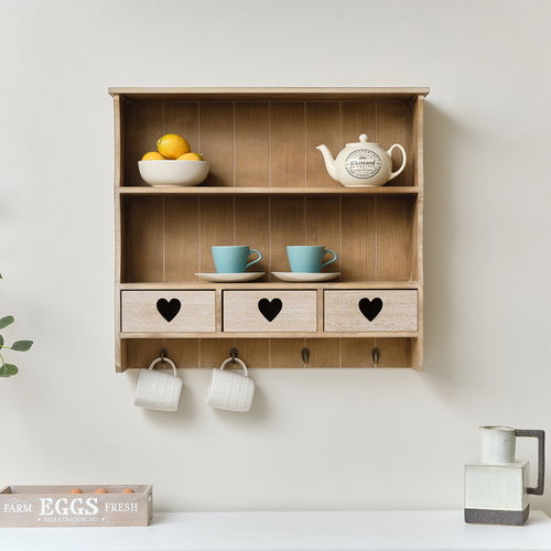 Large Rustic Wooden Wall Shelving Unit with Heart Drawers & Storage Hooks