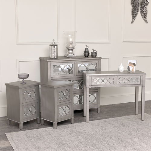 Large Silver Mirrored Lattice Chest of Drawers, Console / Dressing Table & Pair of Bedside Tables - Sabrina Silver Range