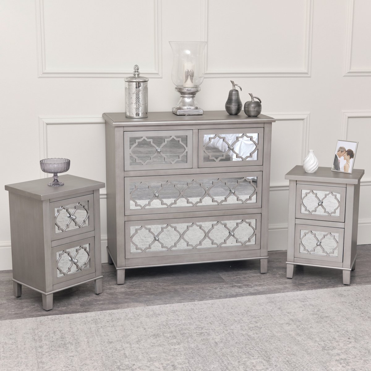 Large Silver Mirrored Lattice Chest of Drawers & Pair of Bedside Tables - Sabrina Silver Range