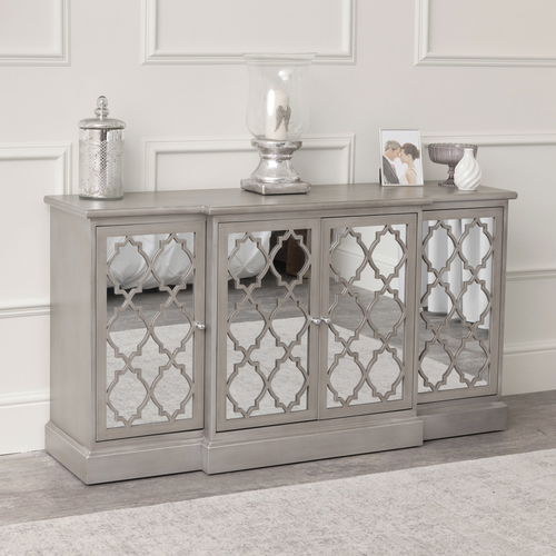 Large Silver Mirrored Lattice Sideboard - Sabrina Silver Range