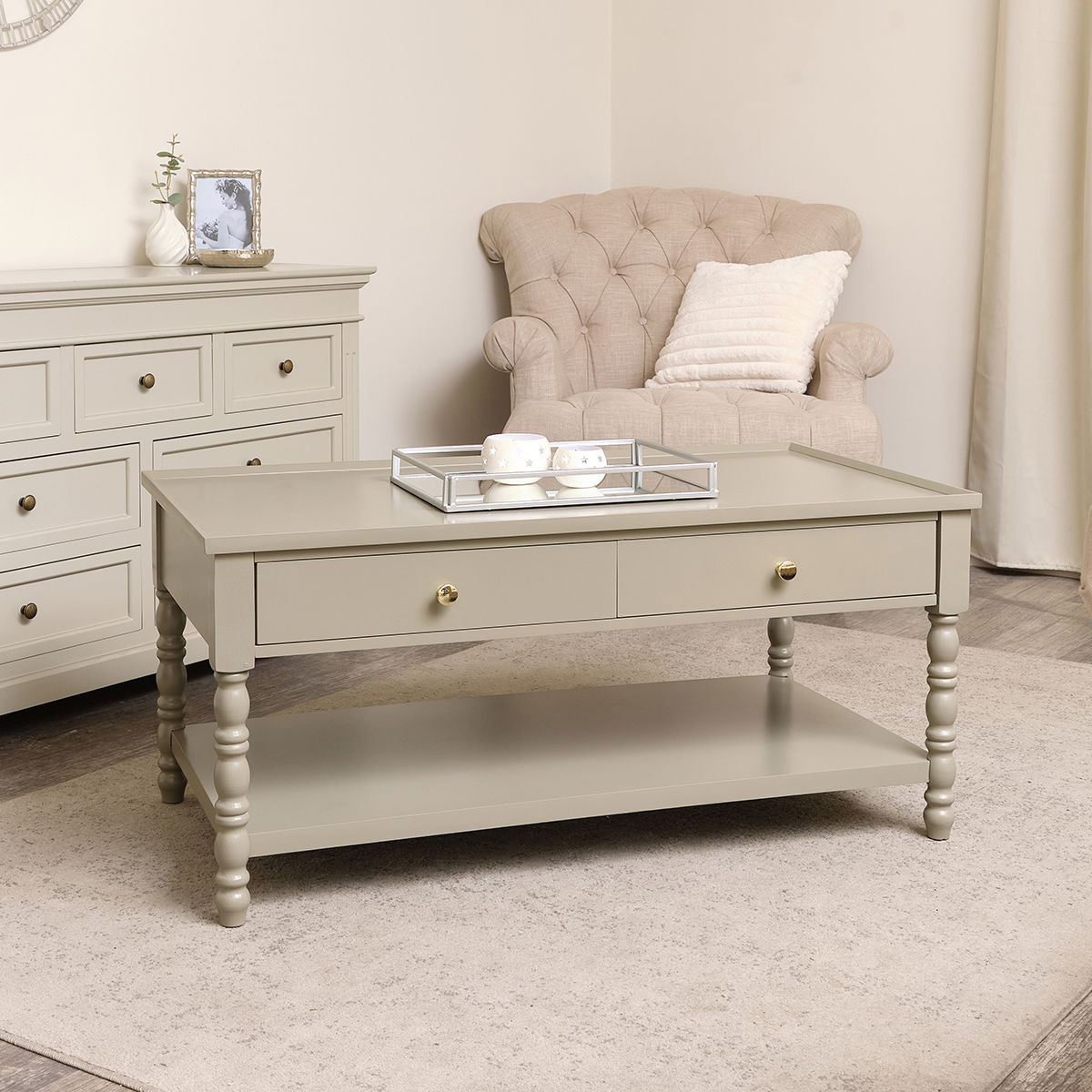 Large Taupe Grey Bobbin Bobble 2 Drawer Coffee Table