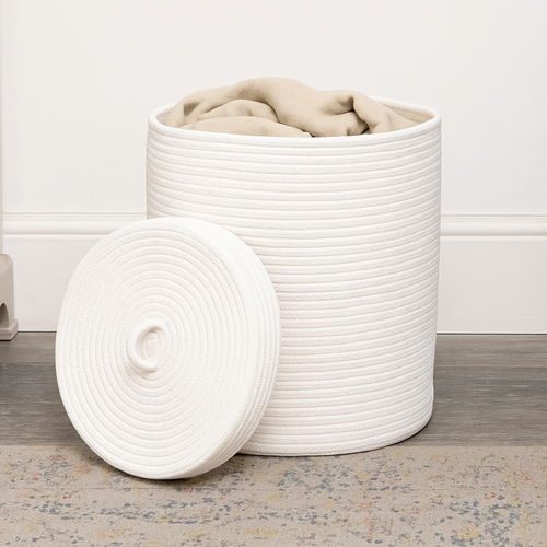 Large White Cotton Rope Lidded Storage Basket - 32.5cm