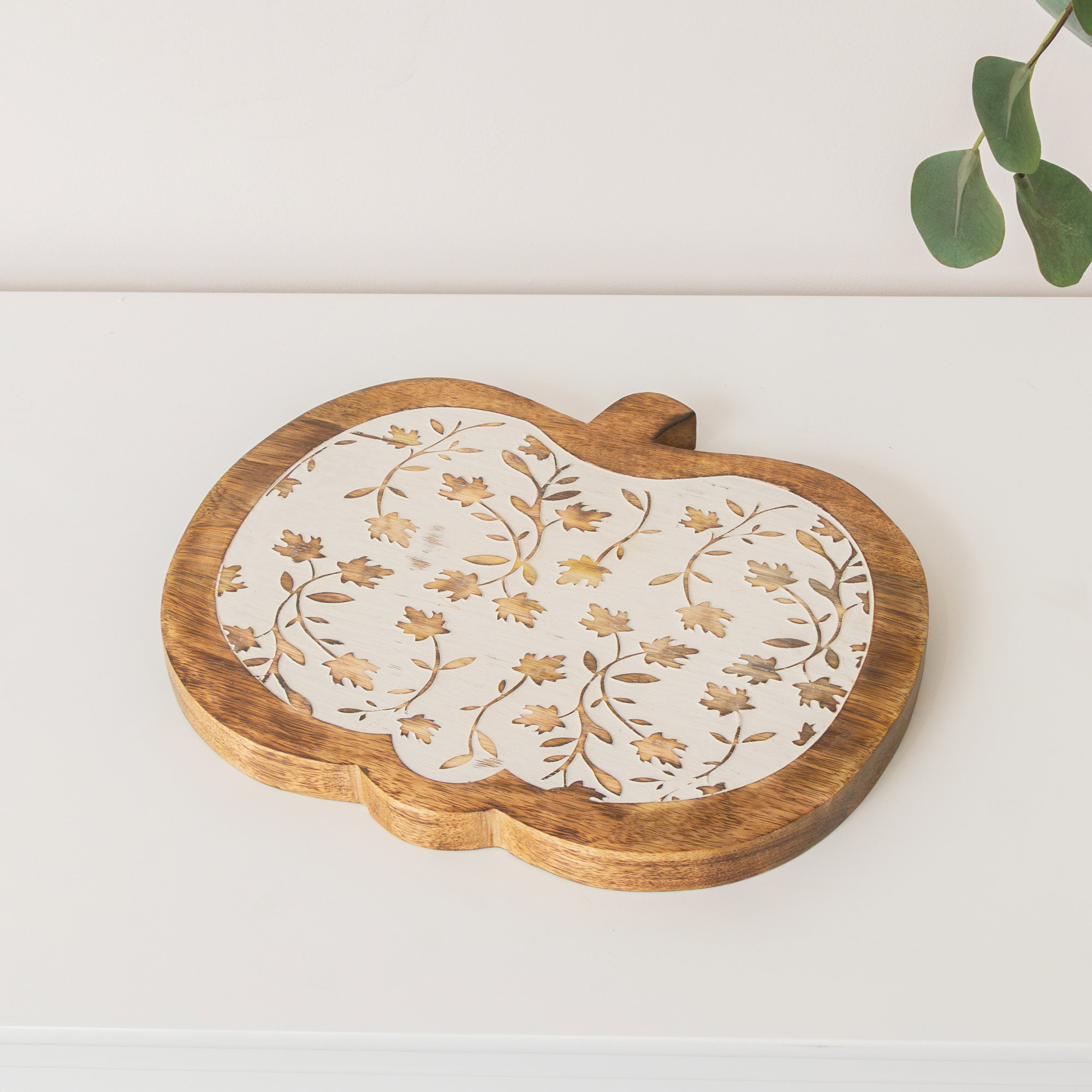 Large White Distressed Wooden Pumpkin Shaped Display Chopping Board - 30cm