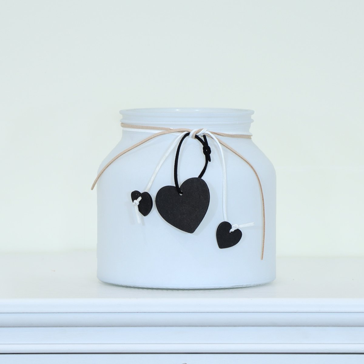 Large White Frosted Glass Candle Holder with Black Heart Decoration