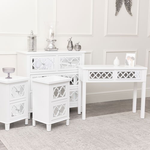 Large White Mirrored Lattice Chest of Drawers, Console / Dressing Table & Pair of Bedside Tables - Sabrina White Range