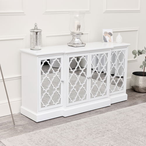 Large White Mirrored Lattice Sideboard - Sabrina White Range - DAMAGED SECOND