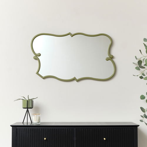 Large Olive Green Vintage Asymmetrical Shaped Wall Mirror - 84cm x 53cm