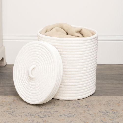 Medium White Cotton Rope Lidded Storage Basket - 27.5cm