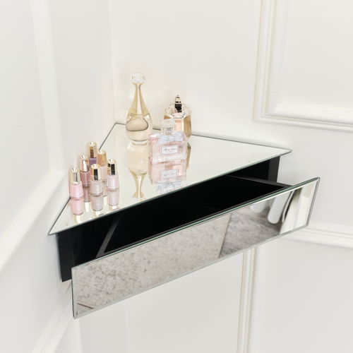 Mirrored Floating One Drawer Corner Shelf / Dressing Table