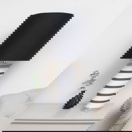 Monochrome Black & White Striped Table Lamp with Black Shade