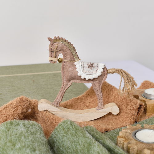 Neutral Brown Felt Standing Rocking Horse Decoration - 16cm