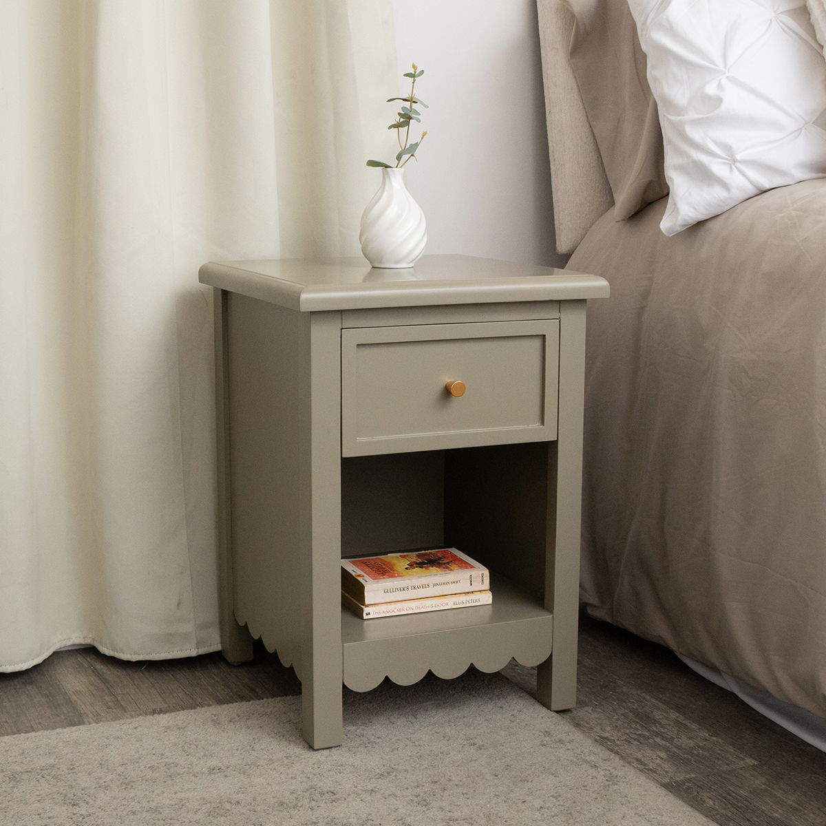 One Drawer Scalloped Bedside Table - Staunton Taupe Range