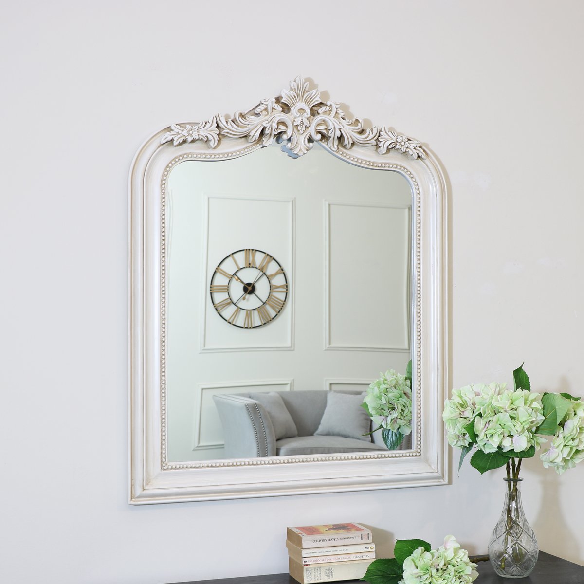 Ornate Arched Antiqued Ivory Wall Mirror 100 cm x 80cm 