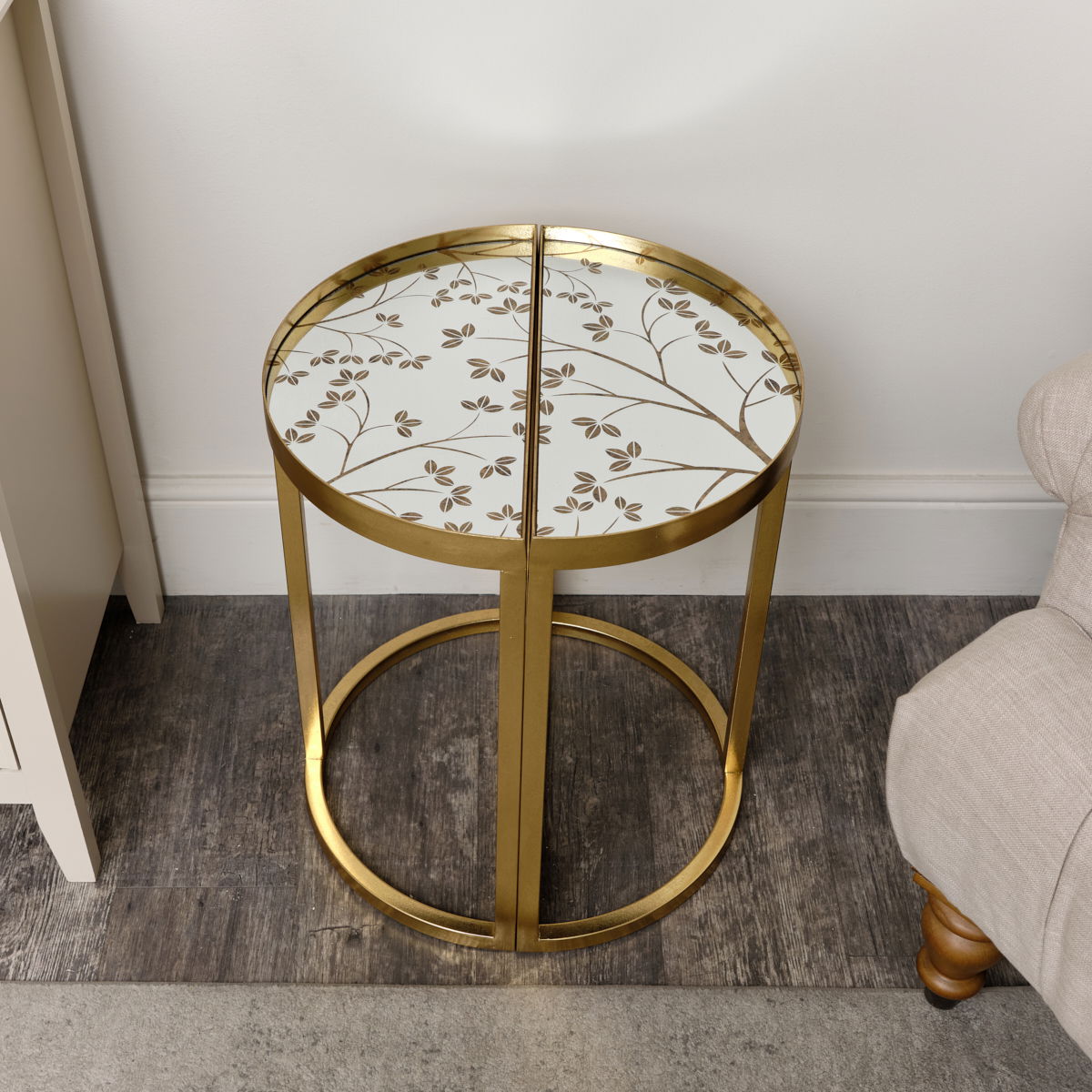 Gold Set of 2 Semi Circle Printed Mirrored Side Table