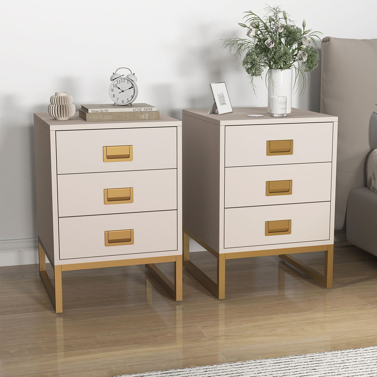 Pair of 3 Drawer Bedside Table - Elle Stone Range