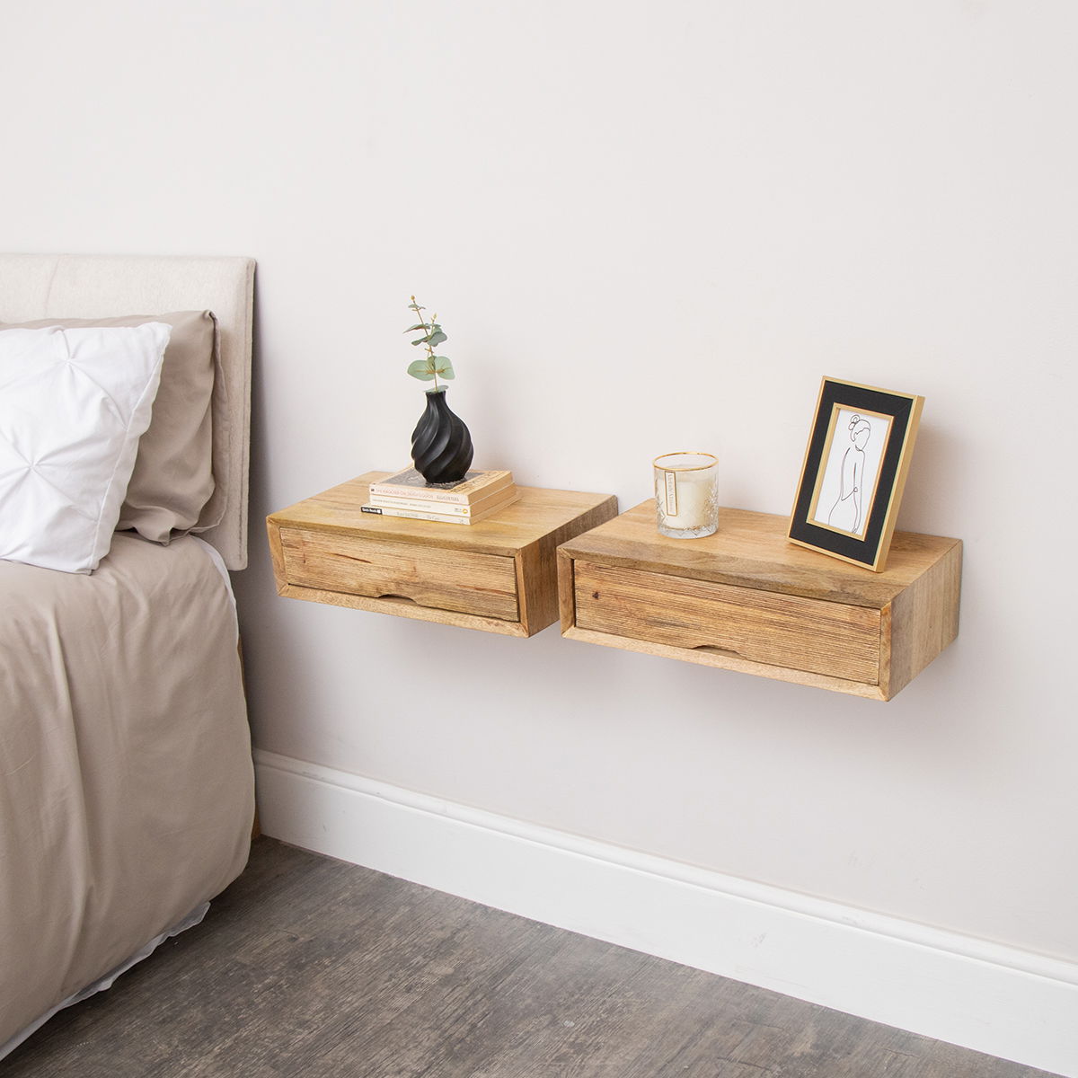 Pair of Natural Wood Textured Wall Mounted Bedside Tables