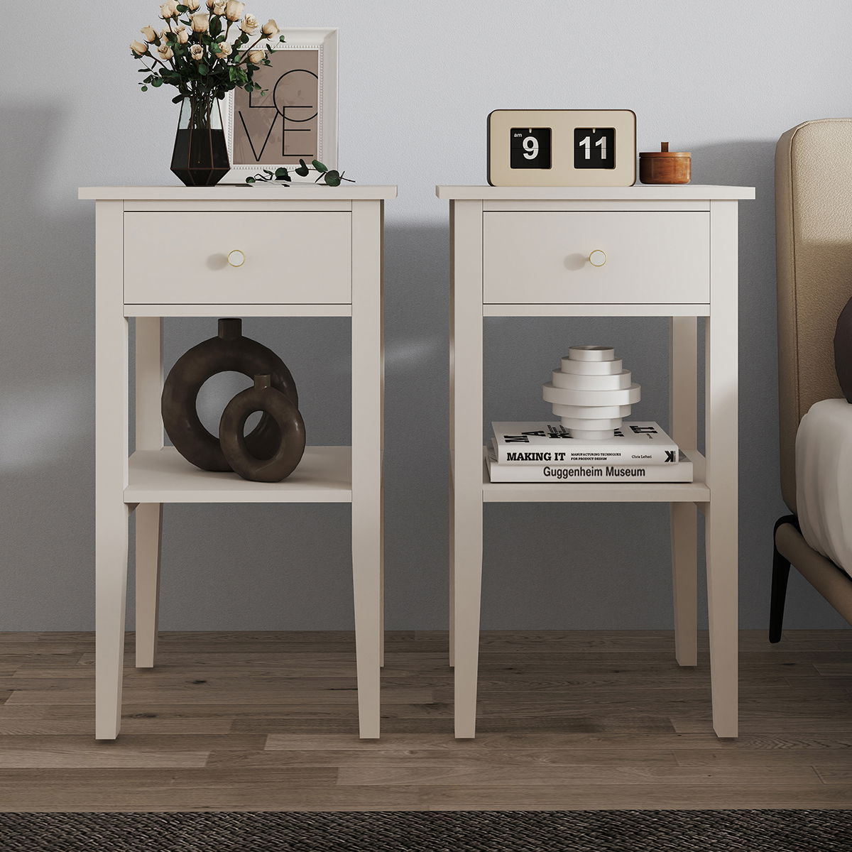 Pair of One Drawer Bedside Table - Abbey Pale Ivory Range