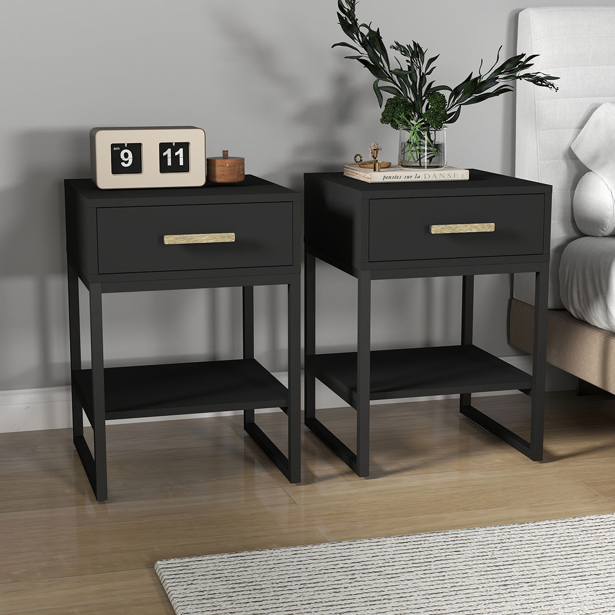 Pair of One Drawer Bedside Table - Luna Black Range